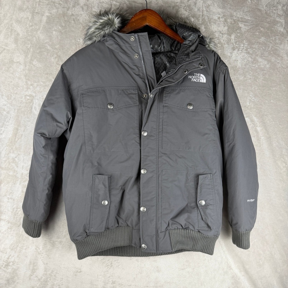 The North Face Boys Gotham Down Bomber Jacket Grey HyVent Faux Fur Hood XL 18/20